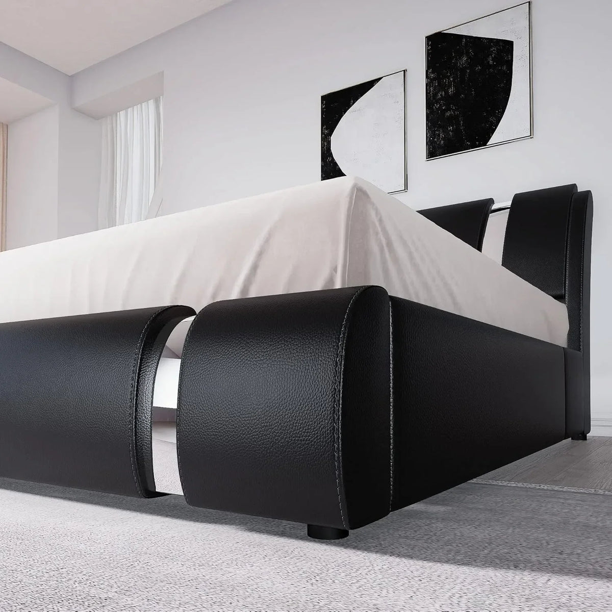 Queen size bed frame with iron sheet decoration, artificial leather cushioned platform bed with adjustable headboard, black