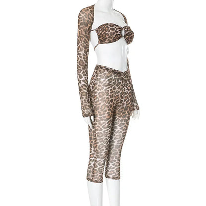 FAGADOER Sexy Mesh See Through Leopard Print Two Piece Sets Women Crop Top + Long Sleeve Coat + Shorts Outfits Female Clubwear