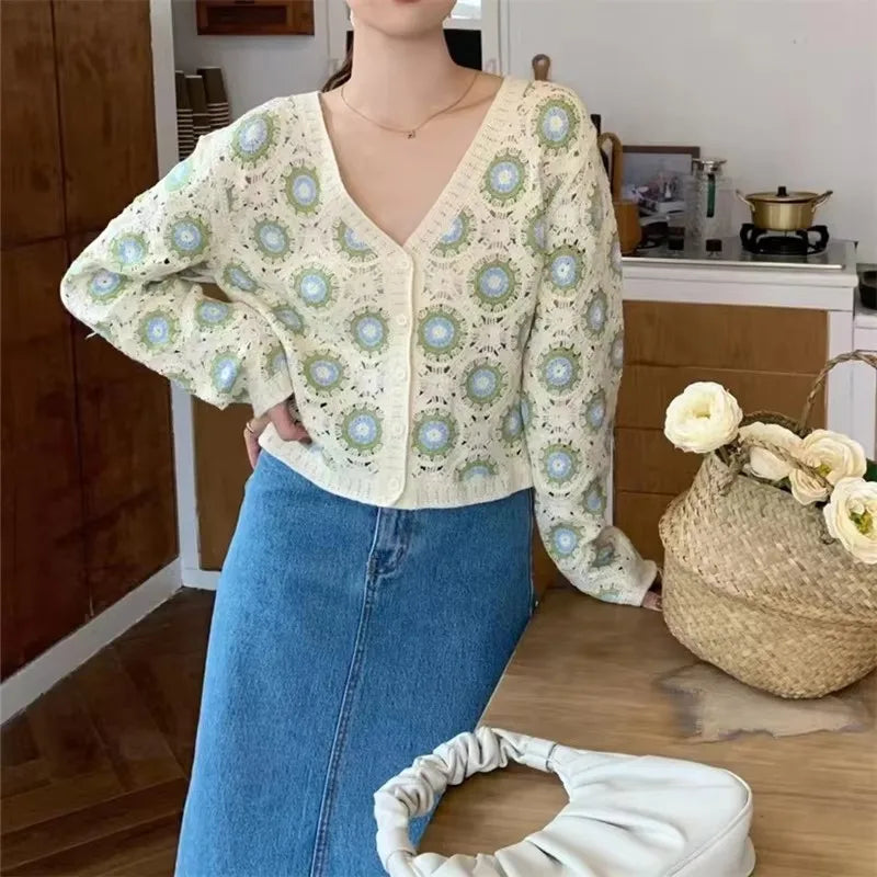 REALEFT Spring Summer Lace Crochet Women's Cardigan 2026 Single Breasted Bohemian Hollow Out Outwear Casual Korean Tops Female
