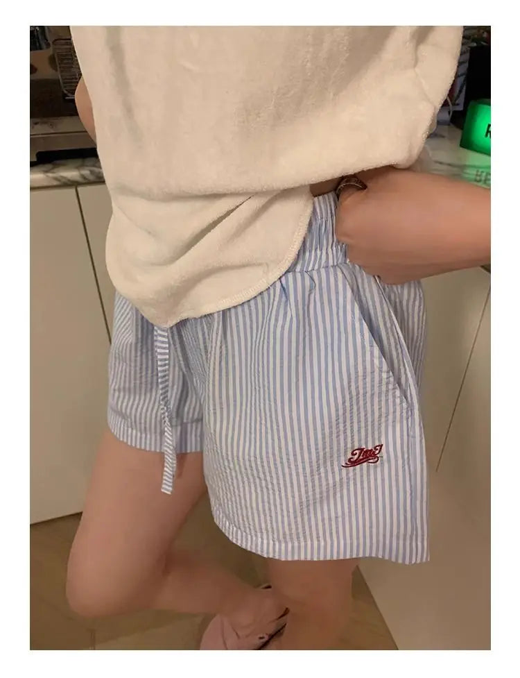 HOUZHOU Blue Striped Letter Embroidery Shorts Women Wide Leg Korean Fashion Short Pants Drawstring Baggy Casual Jorts Summer