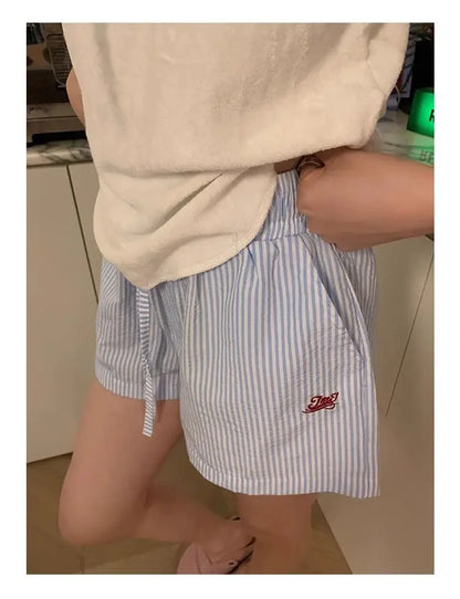 HOUZHOU Blue Striped Letter Embroidery Shorts Women Wide Leg Korean Fashion Short Pants Drawstring Baggy Casual Jorts Summer
