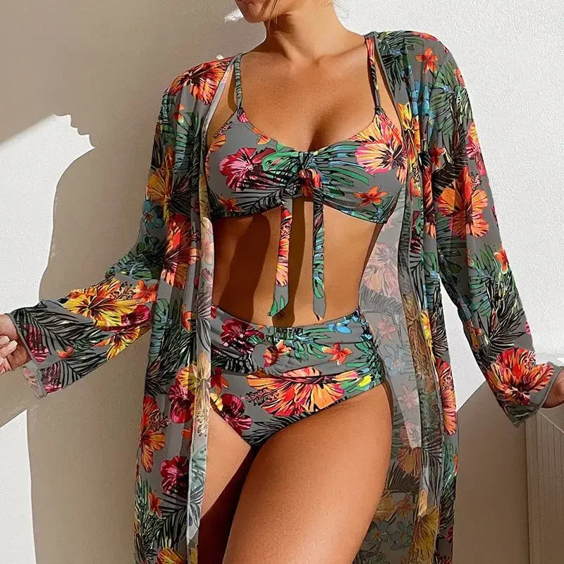 Size S-3XL Bikini Three Pieces Floral Printed Swimsuit Women Bikini Set With Mesh Long-Sleeved Blouse,Bra Top with Pad Swimwear