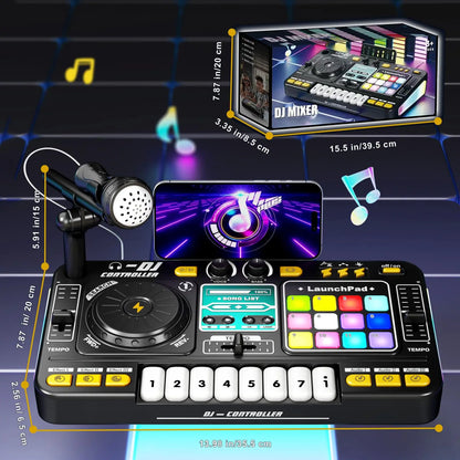 Kid DJ Mixer with Microphone Electronic Piano Keyboard Bluetooth DJ Turntable Controller Musical Instrument Kid Birthday Gift