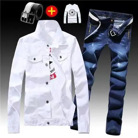 Spring Autumn Mens Denim Jacket + Jeans Pants Set Fashion Letters Printed Coat Trousers Two Piece Denim suit