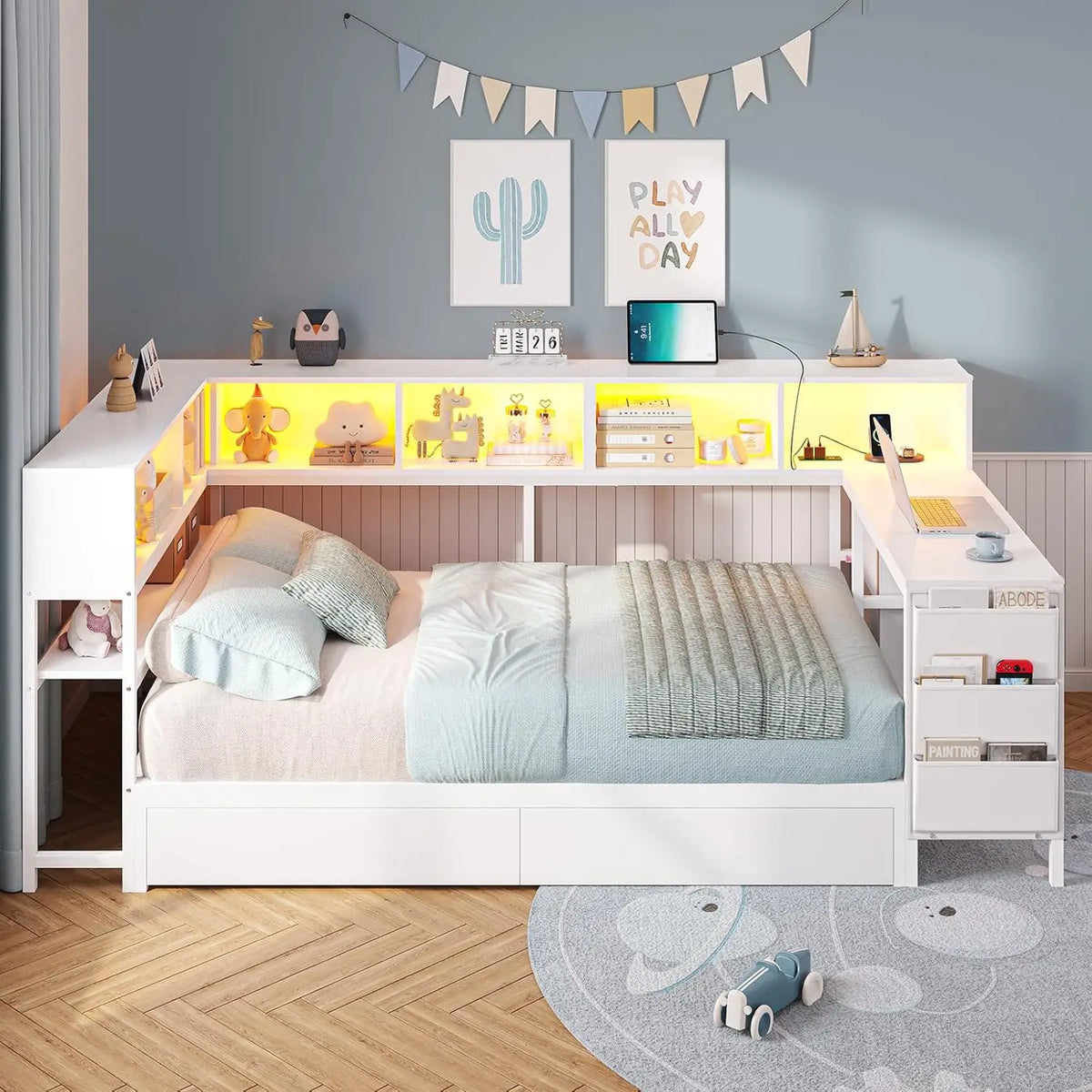 Corner Twin Bed Frame With Desk,Charging Station And Bookcase Storage Metal Platform Bed Frame With Storage Drawers And Led Ligh