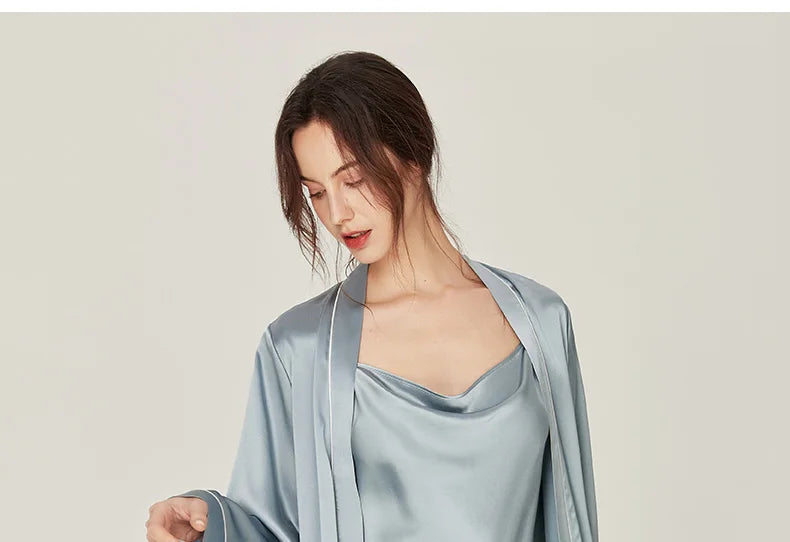 BirdTree, 100%Real Silk Simple Night-robe, Women V Neck Long Sleeve, Elegant Sexy Pajamas Robe, 2024 Summer Autumn New P469123QM