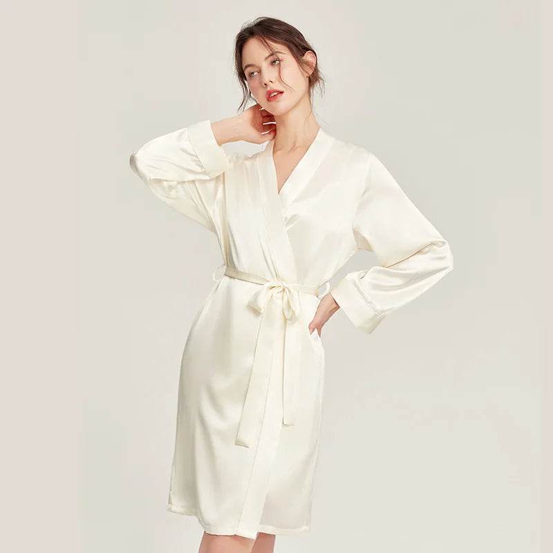 BirdTree, 100%Real Silk Simple Night-robe, Women V Neck Long Sleeve, Elegant Sexy Pajamas Robe, 2024 Summer Autumn New P469123QM