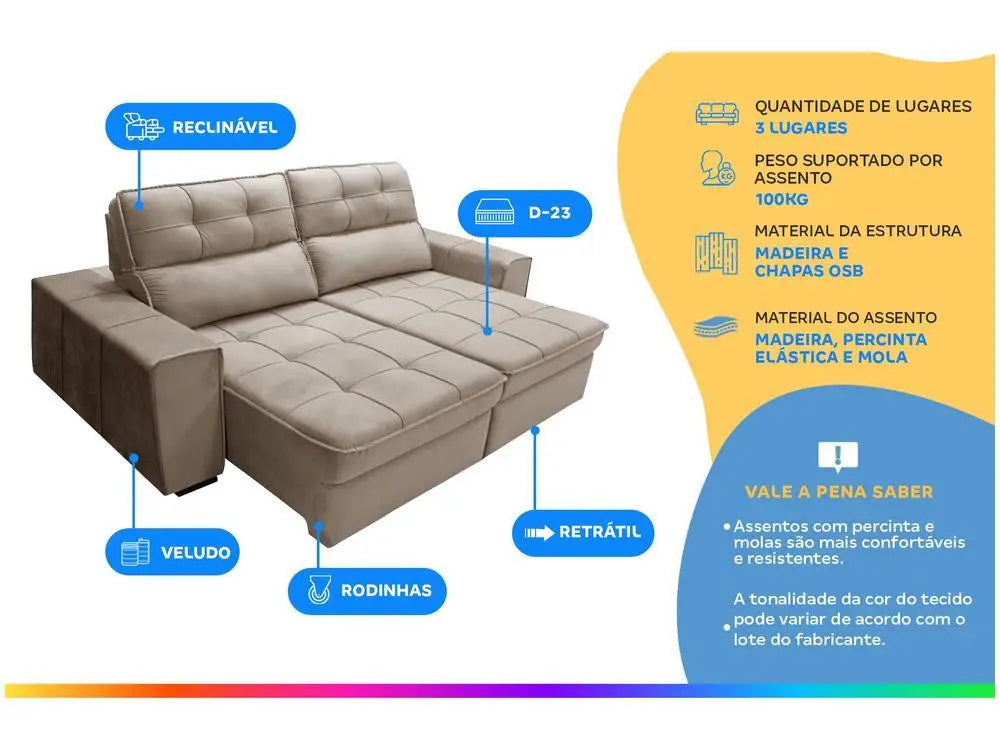 Retractable Sofa Reclining 3 Places Velvet Joly Barsa Blue Gratles