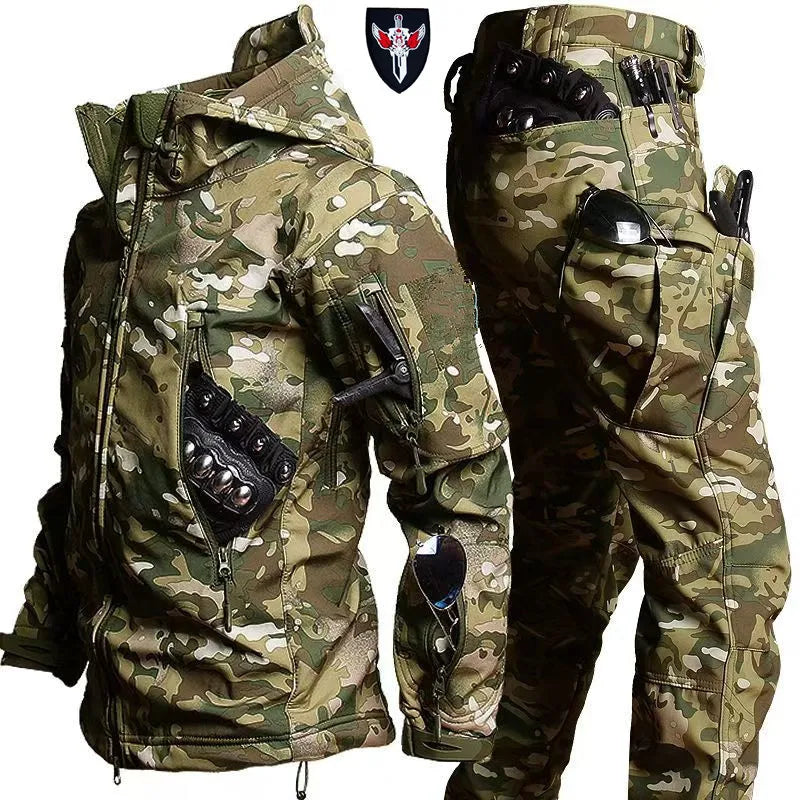 5XL 6XL Winter Waterproof Tactical Jackets Sets Men Outdoor Soft Shell Hiking Hunting Jacket Suit Fleece Cargo Pant Tracksuits