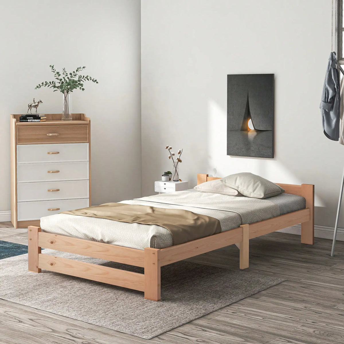 КОМНТОМ Single Bed 90 x 200 cm, Solid Wood Bed with Slatted Frame and Headboard Youth Bed