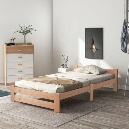 КОМНТОМ Single Bed 90 x 200 cm, Solid Wood Bed with Slatted Frame and Headboard Youth Bed