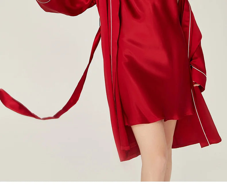 BirdTree, 100%Real Silk Simple Night-robe, Women V Neck Long Sleeve, Elegant Sexy Pajamas Robe, 2024 Summer Autumn New P469123QM