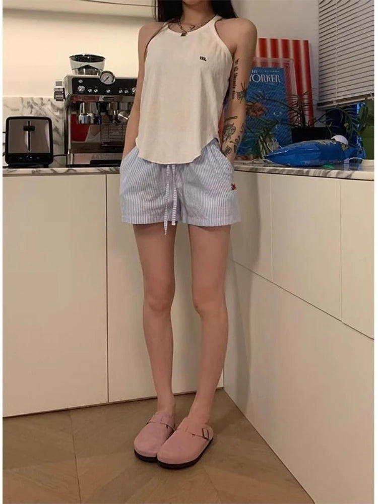 HOUZHOU Blue Striped Letter Embroidery Shorts Women Wide Leg Korean Fashion Short Pants Drawstring Baggy Casual Jorts Summer