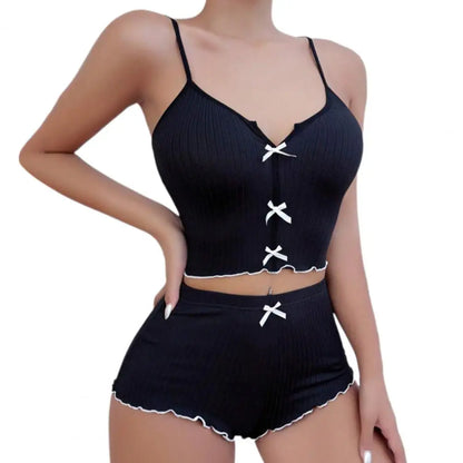 Women's Pajamas Set Bowknot Decor Sleepwear 2 PCS Short Tank Tops And Shorts Ventilate Loungewear Two-piece Female Nightwear