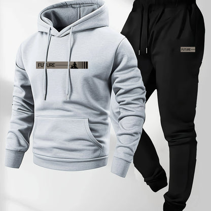 Men's two-piece set casual long-sleeved hooded sweatshirt and sports pants outfit suitable for winter and autumn  Sports outfit