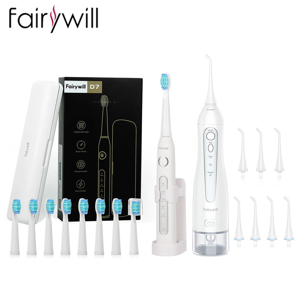Fairywill Electric Sonic Toothbrush &amp; Water Flosser USB Charge Waterproof 5 Modes 3 Brush Heads Toothbrushes Teeth Cleaner