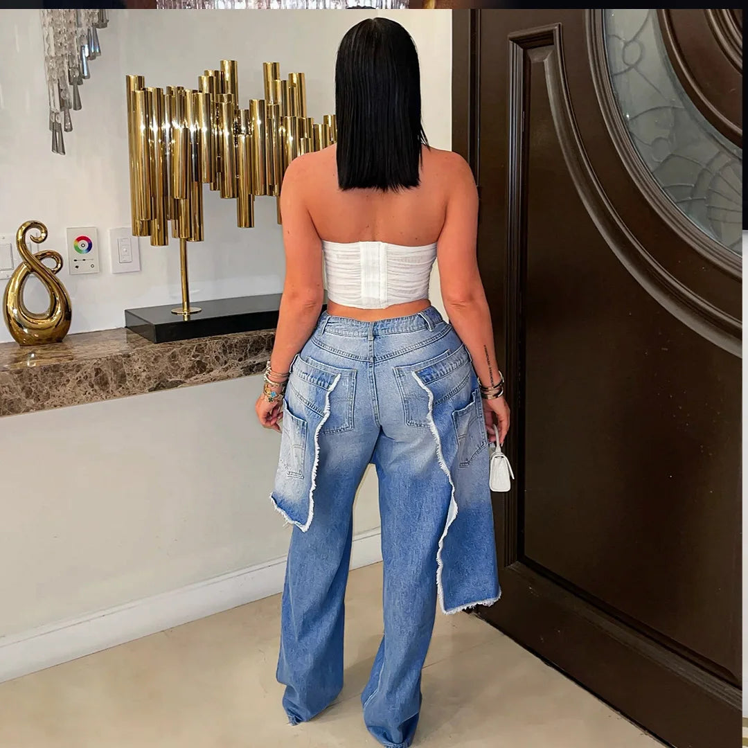 Streetwear Wide Leg Jeans Cargo Pants Sexy Women High Waist Elegant High Street Denim Loose Trousers