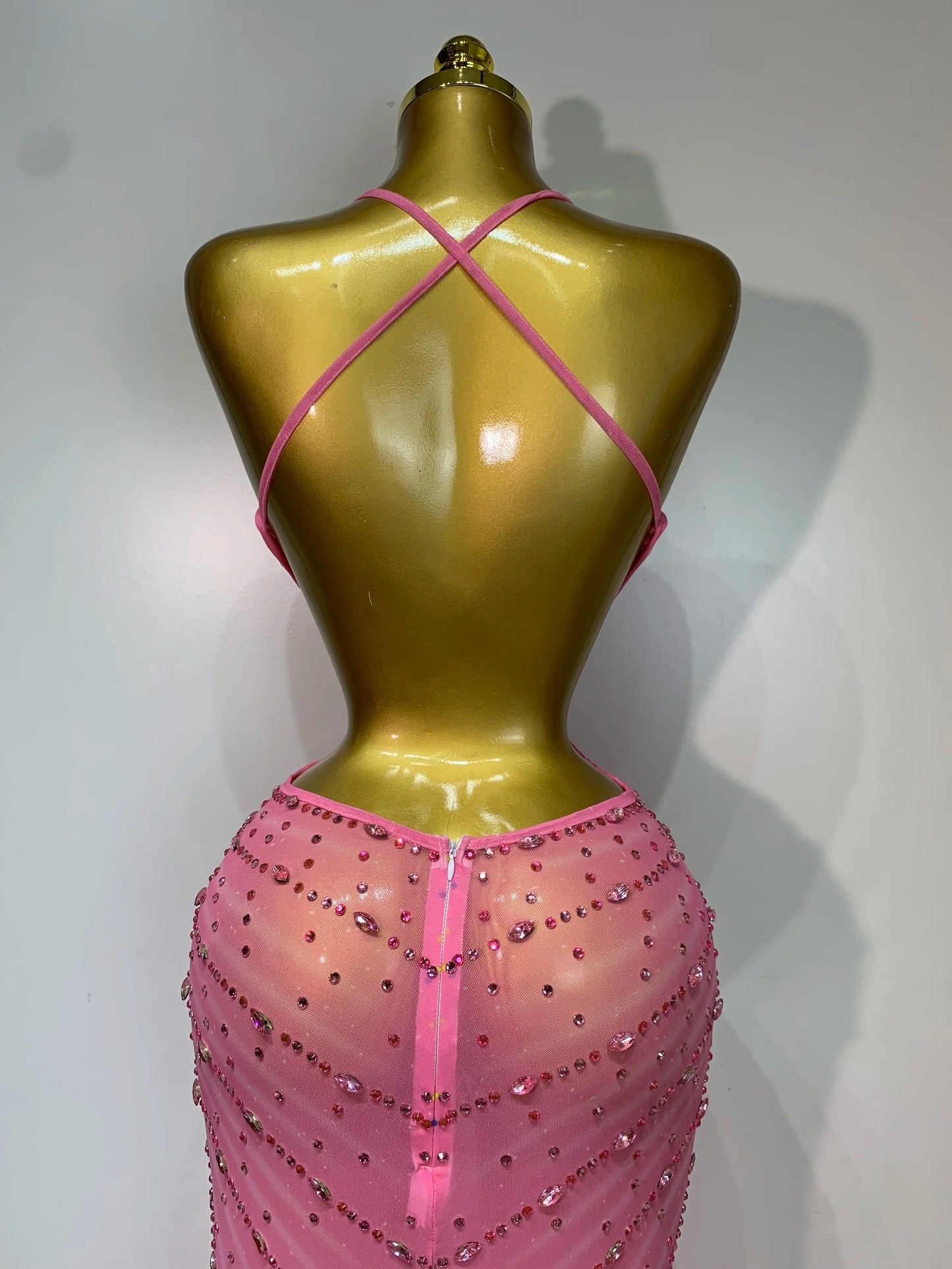 Sparkly Rhinestone Halter Mesh Transparent Dress Birthday Celebrate Evening Party Dress Women Sexy Split Backless Stage Outfit