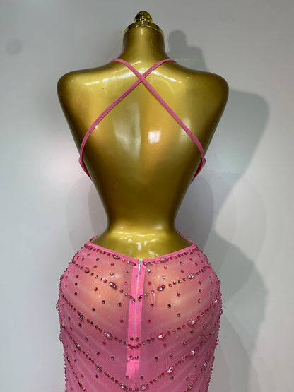 Sparkly Rhinestone Halter Mesh Transparent Dress Birthday Celebrate Evening Party Dress Women Sexy Split Backless Stage Outfit