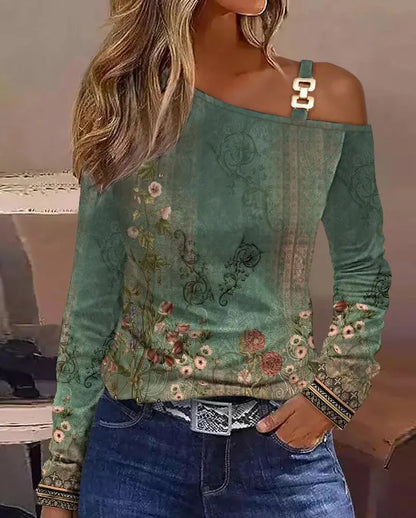 Sexy Elegant Off Shoulder White Lace Women Tops And Blouses 2023 Autumn Long Sleeve Top Femme Print Metal Buckle Office Blouse