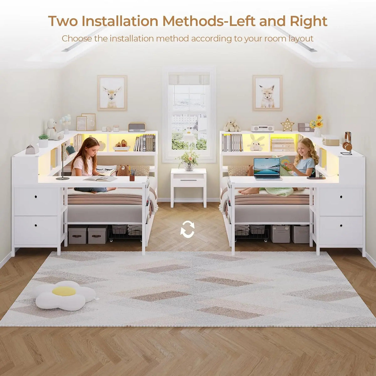 Corner Twin Bed Frame With Desk,Charging Station And Bookcase Storage Metal Platform Bed Frame With Storage Drawers And Led Ligh