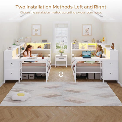 Corner Twin Bed Frame With Desk,Charging Station And Bookcase Storage Metal Platform Bed Frame With Storage Drawers And Led Ligh