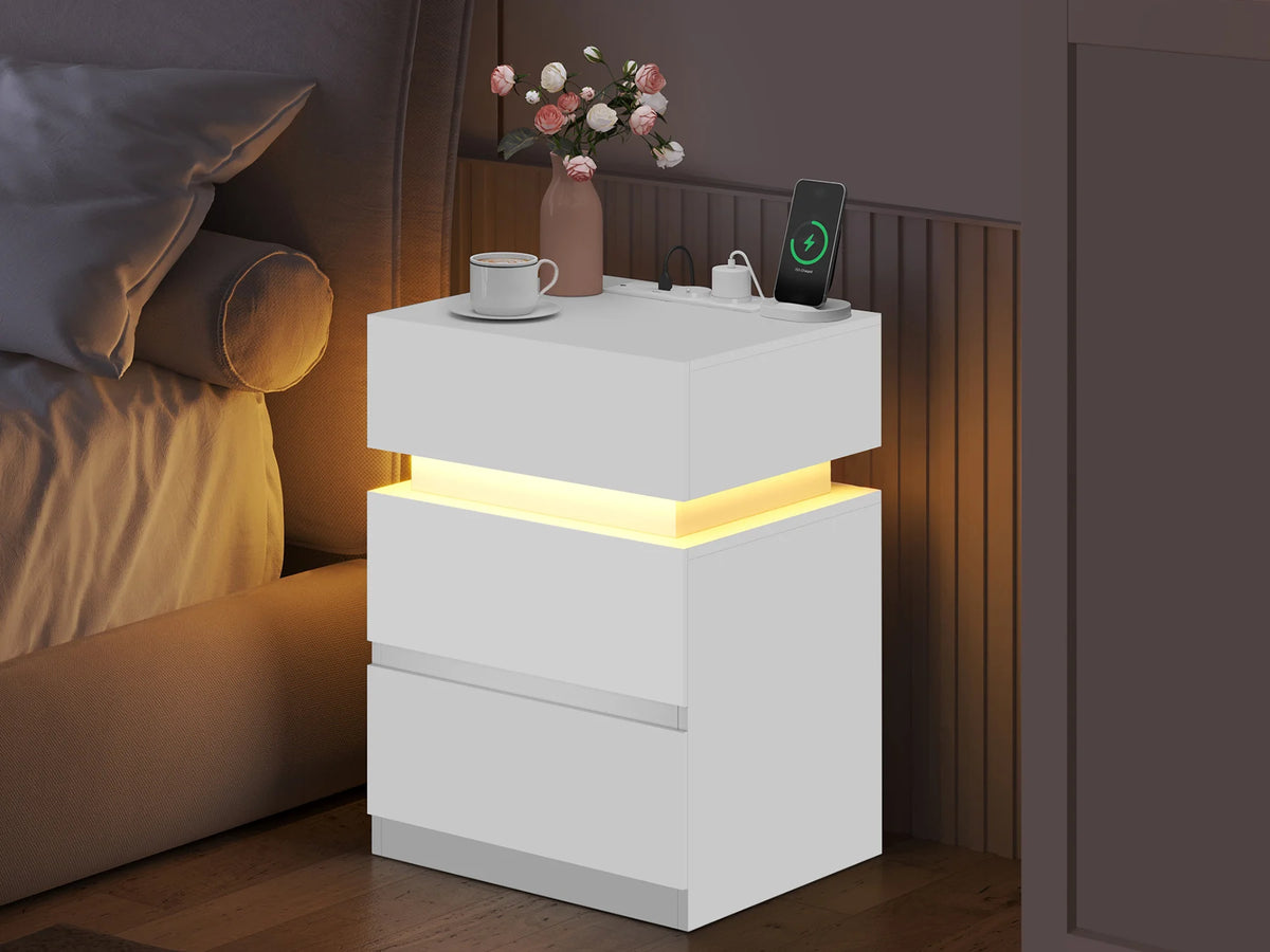 WOLTU Nightstand White/Black Bedside Table with LED Lighting 2 Drawers USB Charging Function Narrow Sofa Table