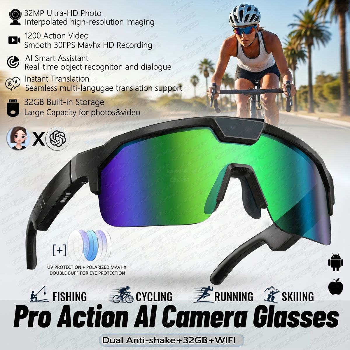 2026 New AI Smart Sports shooting&amp;recording Glasses 800W Camera HD Anti-shake Bicycle Riding Shooting Artifact Windproof Goggles