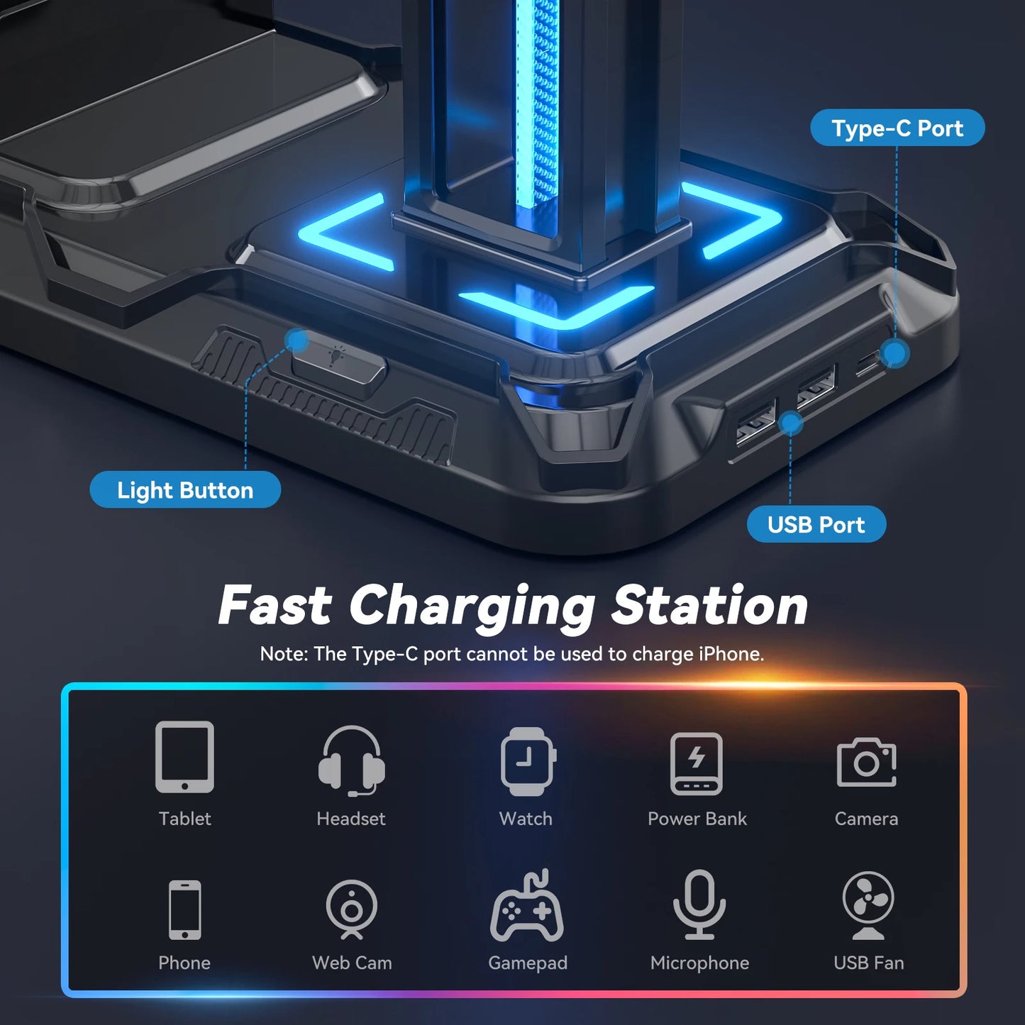 Headset Stand with Charging Station Detachable Controller Holder with 9 Light Modes, Rotatable Headphone Hanger with USB Charger