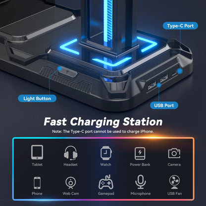 Headset Stand with Charging Station Detachable Controller Holder with 9 Light Modes, Rotatable Headphone Hanger with USB Charger
