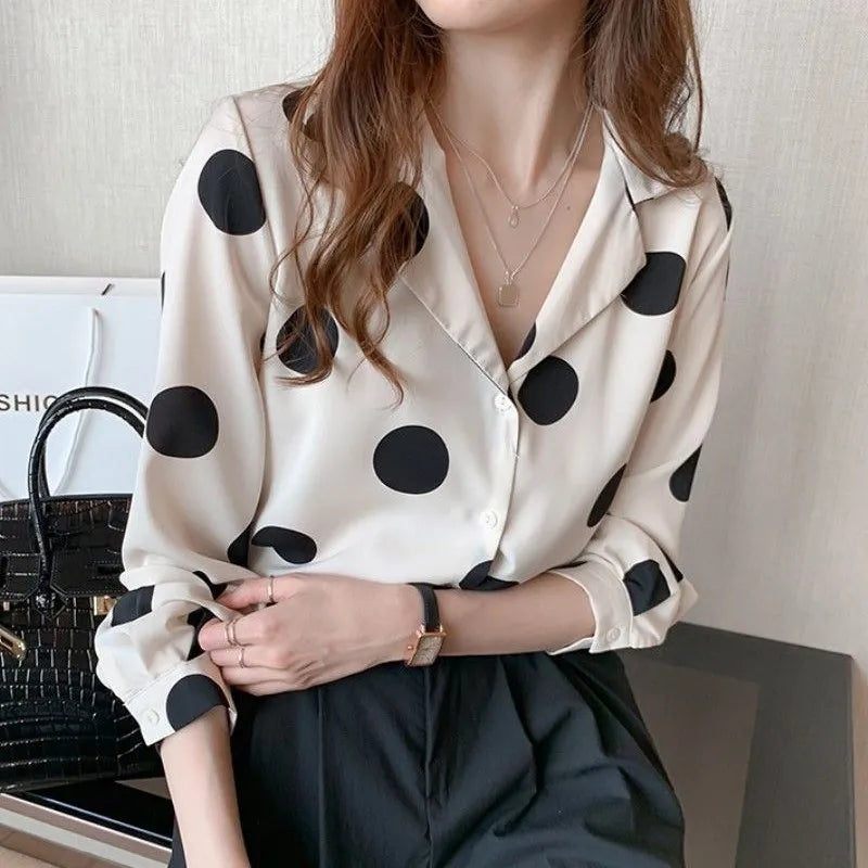 Polka Dot Women's Shirt Elegant Lapel Button-up Blouse Long Sleeve Summer  Tops Vintage Casual Female Clothing DF4931