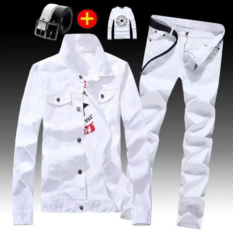 Spring Autumn Mens Denim Jacket + Jeans Pants Set Fashion Letters Printed Coat Trousers Two Piece Denim suit