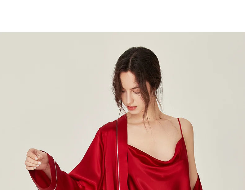BirdTree, 100%Real Silk Simple Night-robe, Women V Neck Long Sleeve, Elegant Sexy Pajamas Robe, 2024 Summer Autumn New P469123QM