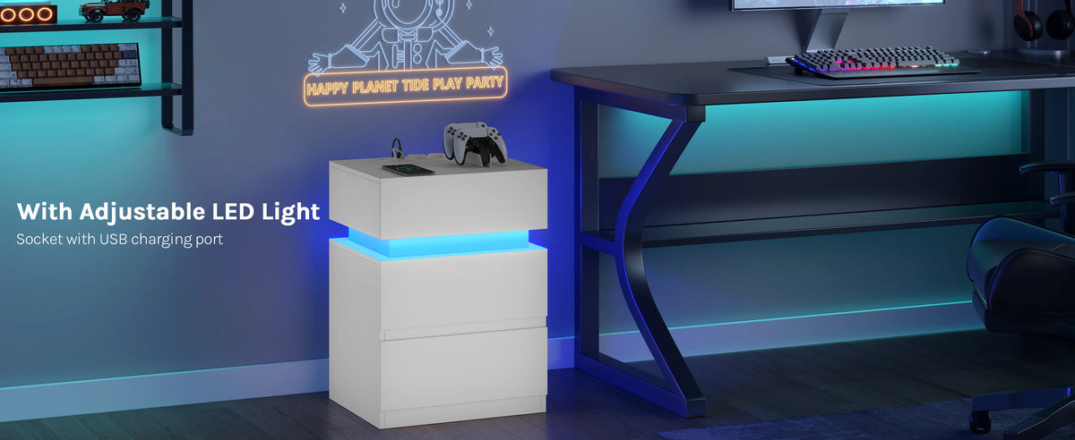 WOLTU Nightstand White/Black Bedside Table with LED Lighting 2 Drawers USB Charging Function Narrow Sofa Table