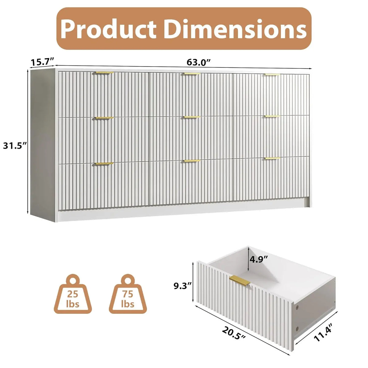 3-Piece Dresser Bedroom Set, 9 Drawer Dresser &amp; 2 Drawer Nightstands with Gold Handles, Fluted Wood Chest of, Customized