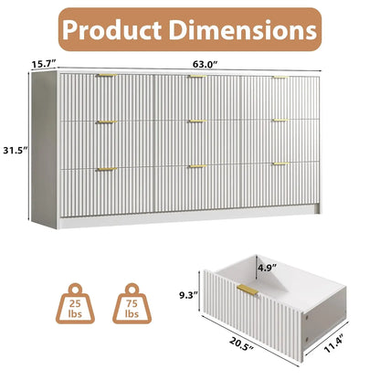 3-Piece Dresser Bedroom Set, 9 Drawer Dresser &amp; 2 Drawer Nightstands with Gold Handles, Fluted Wood Chest of, Customized