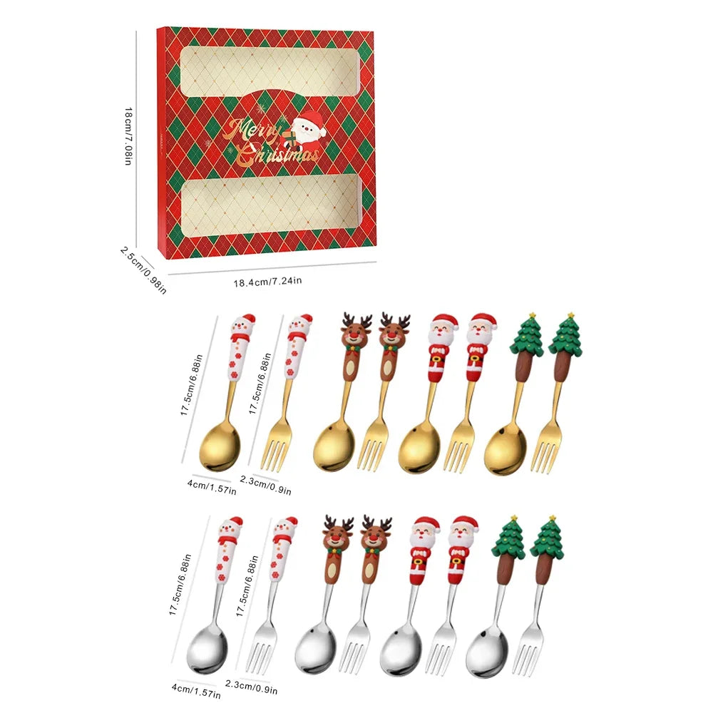 4Pcs Silver Christmas Fork And Spoon Set Stainless Steel Creative Tableware Coffee Tea Dessert Forks And Spoons Gift Set
