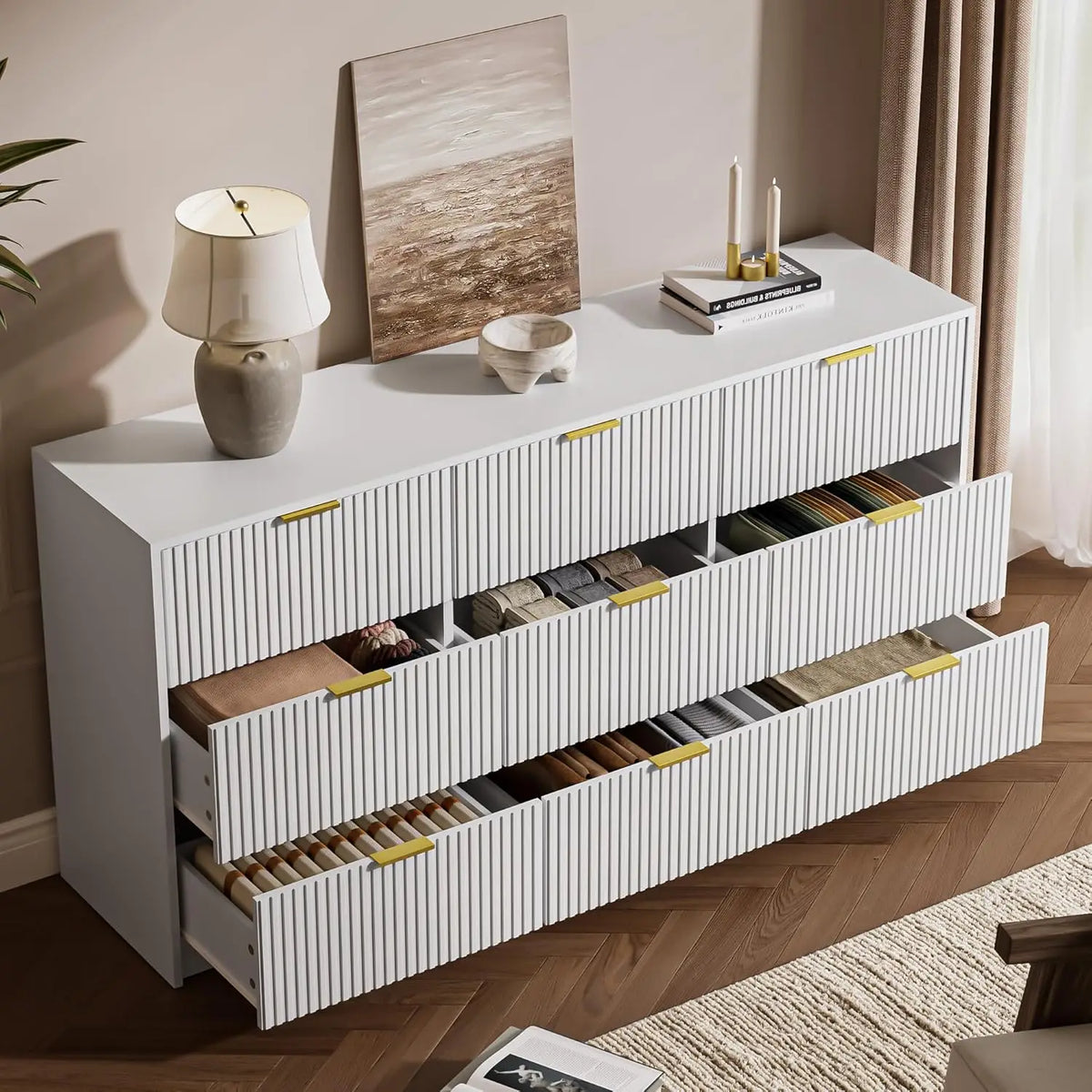 3-Piece Dresser Bedroom Set, 9 Drawer Dresser &amp; 2 Drawer Nightstands with Gold Handles, Fluted Wood Chest of, Customized