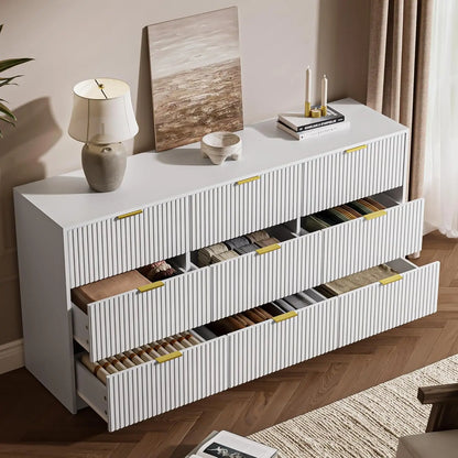3-Piece Dresser Bedroom Set, 9 Drawer Dresser &amp; 2 Drawer Nightstands with Gold Handles, Fluted Wood Chest of, Customized