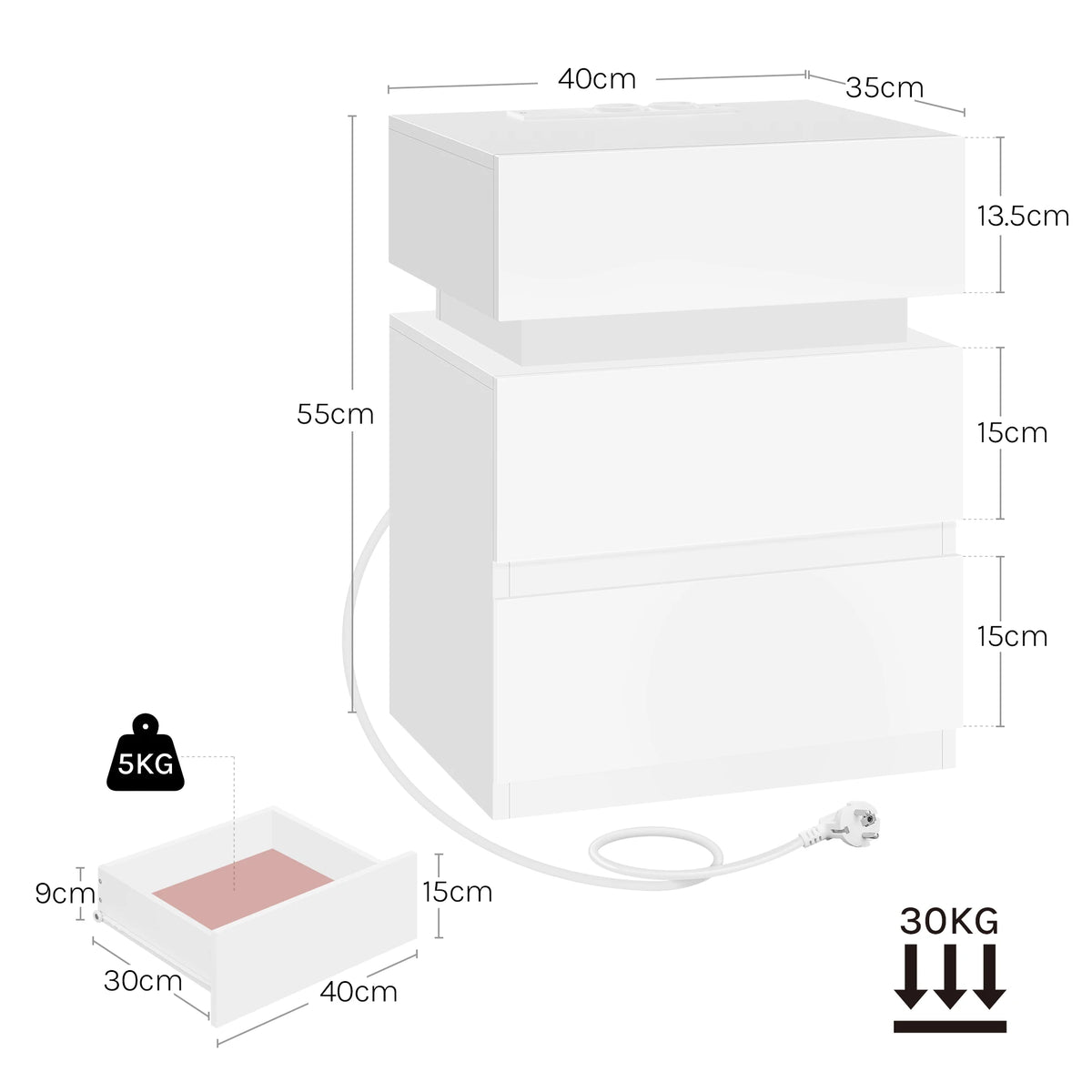 WOLTU Nightstand White/Black Bedside Table with LED Lighting 2 Drawers USB Charging Function Narrow Sofa Table