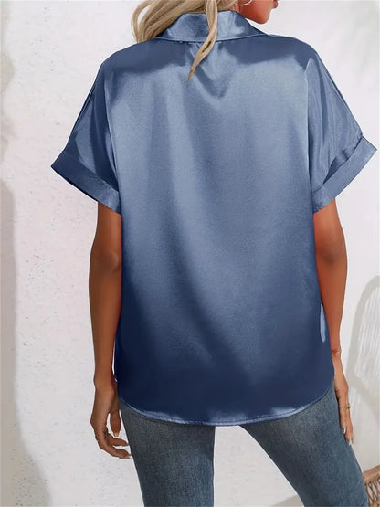 Casual Turn-Down Collar Button Front Solid Color Short Sleeved Satin Shirt Women Summer Blouse