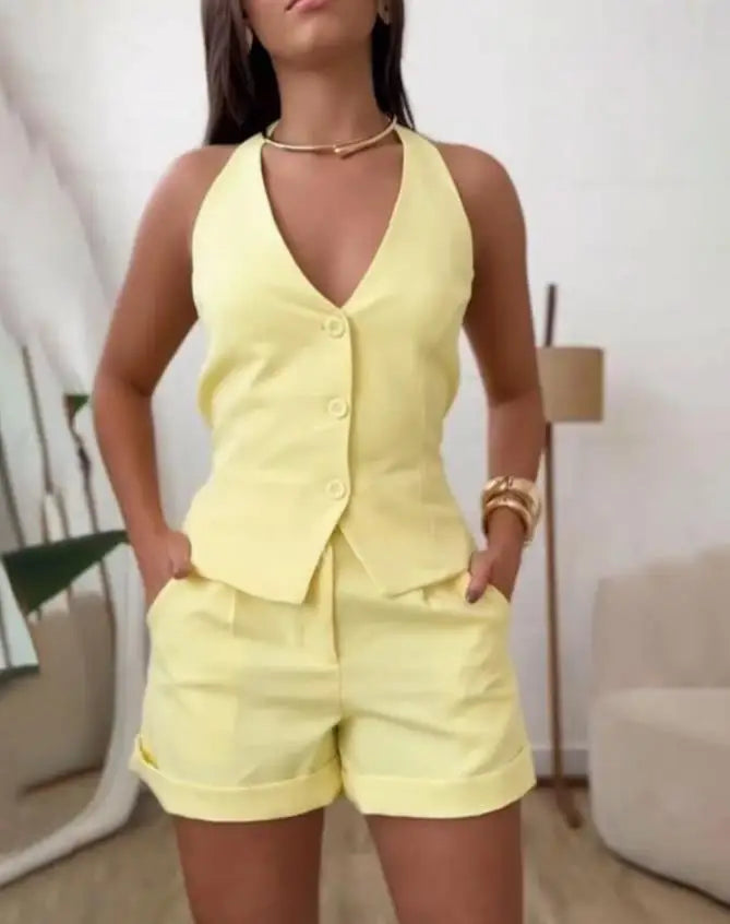 Women Elegant Solid Waistcoat Shorts Sets Single Breasted V Neck Vest Top + High Waist Slim Shorts Lady Office Wear Suits Summer