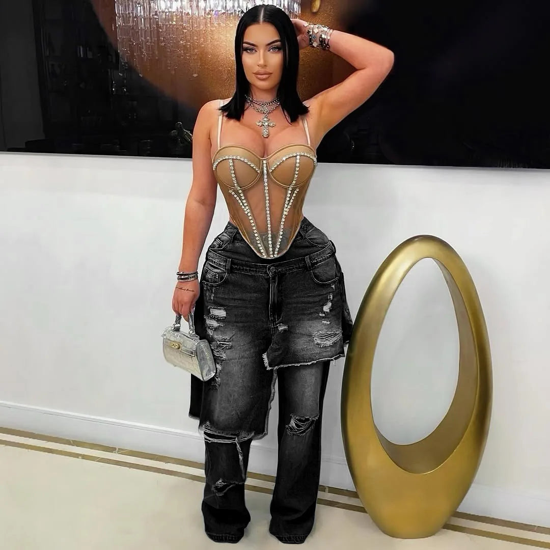 Streetwear Wide Leg Jeans Cargo Pants Sexy Women High Waist Elegant High Street Denim Loose Trousers