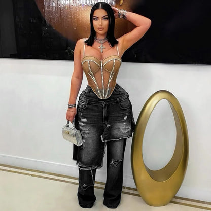 Streetwear Wide Leg Jeans Cargo Pants Sexy Women High Waist Elegant High Street Denim Loose Trousers