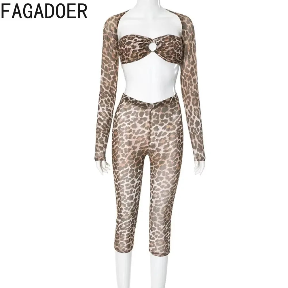 FAGADOER Sexy Mesh See Through Leopard Print Two Piece Sets Women Crop Top + Long Sleeve Coat + Shorts Outfits Female Clubwear