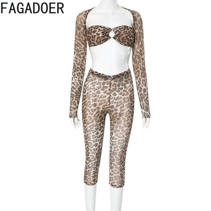 FAGADOER Sexy Mesh See Through Leopard Print Two Piece Sets Women Crop Top + Long Sleeve Coat + Shorts Outfits Female Clubwear