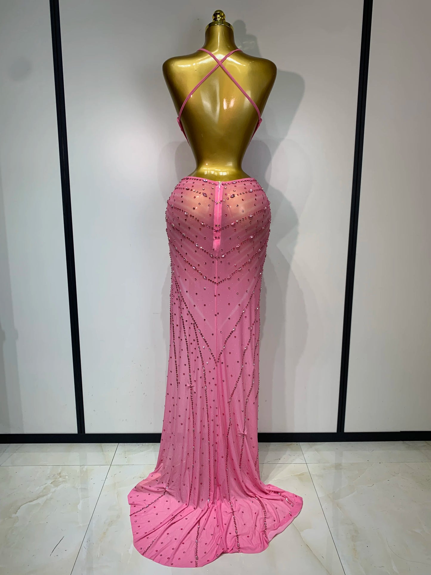 Sparkly Rhinestone Halter Mesh Transparent Dress Birthday Celebrate Evening Party Dress Women Sexy Split Backless Stage Outfit