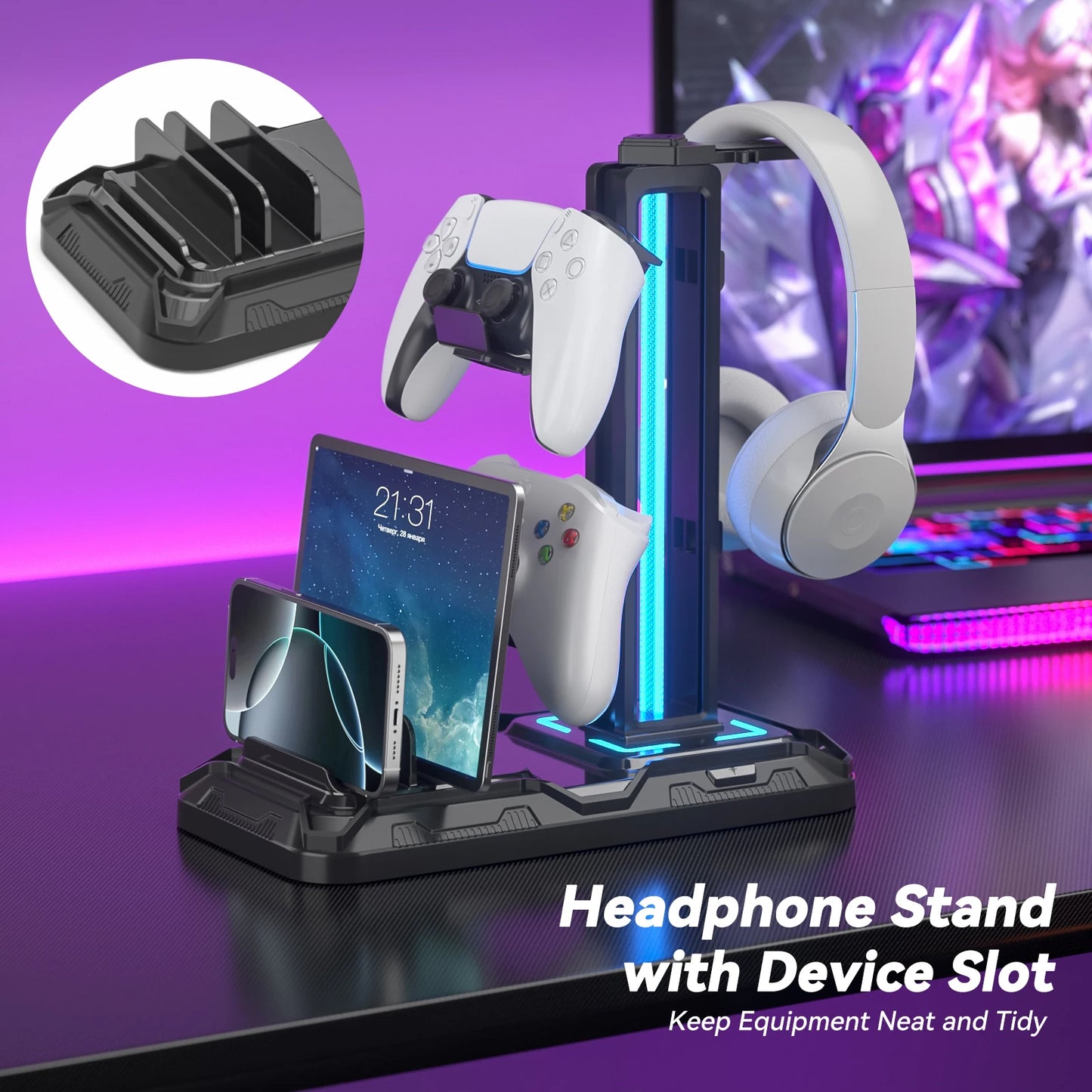Headset Stand with Charging Station Detachable Controller Holder with 9 Light Modes, Rotatable Headphone Hanger with USB Charger