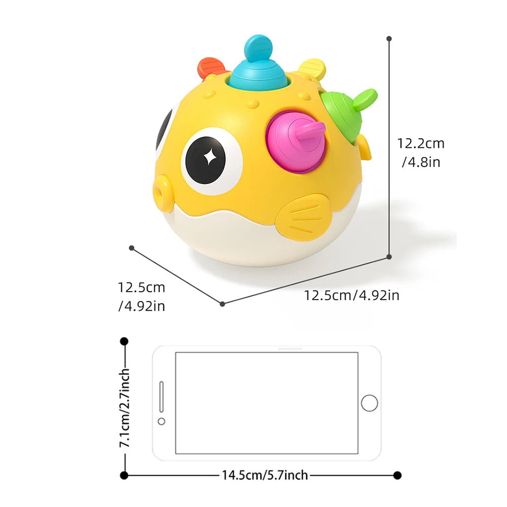Pufferfish Baby Roly-Poly Rattle Toy with Teether Button, Motor Skills, Hand-Eye Coordination, Early Learning Toy, Newborn Gift