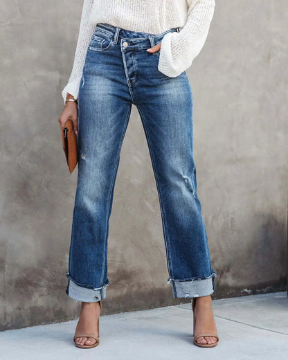 Women Spring and Autumn New Urban Casual Wash Straight Leg Jeans Long Pants, Loose Fallow Handwork Abrade Jeans with Pocket Y2k